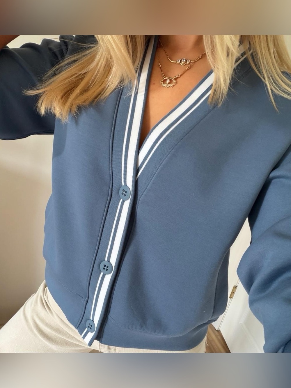 Abercrombie & Fitch YPB Varsity Stripe Cardigan in Forest Cornflower Blue/White